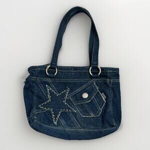 Y2K Bongo Dark Blue Denim Star Shoulder Bag Handle Zip 2000s